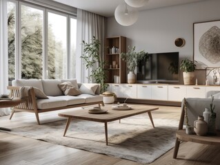 Fototapeta premium Scandinavian comfortable living room, wooden floor and furniture. Generative AI