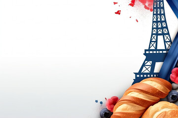 Bastille Day Banner Featuring Eiffel Tower, French Flag, and baguette with Space for Text