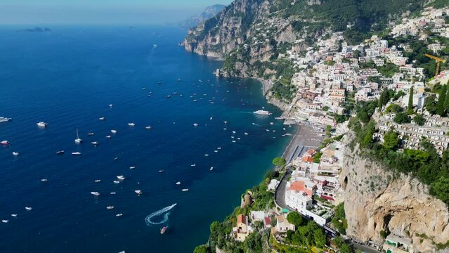 Aerial video view of beach in Positano Italy