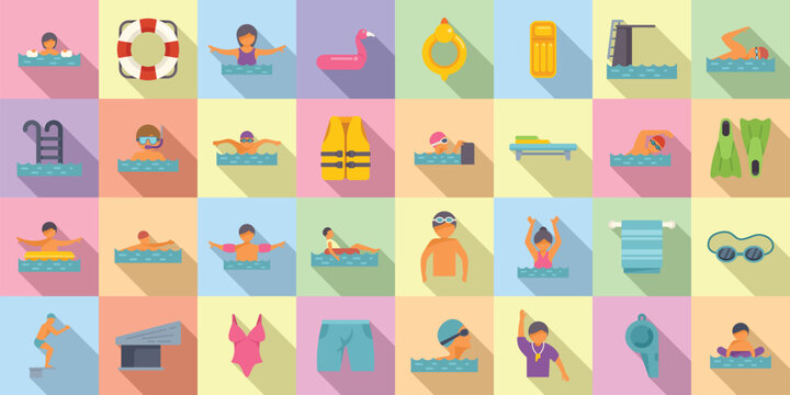 Swimming lessons icons set flat vector. Gym towel. Bag swim