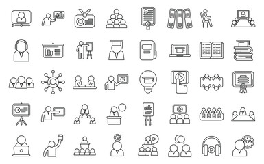 Staff training icons set outline vector. Work team. People training