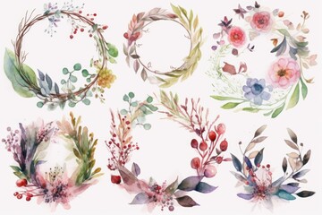 Set of watercolor floral wreath of summer wildflowers pink pastel flowers for wedding invitation isolated on white background. Generative AI.