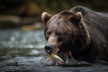 big and majestic bear hunting fish in the river