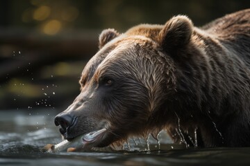 Fototapeta na wymiar big and majestic bear hunting fish in the river