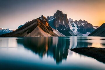  stunning landscape photograph of the majestic peaks and reflective waters in Antarctica, showcasing breathtaking scenery, towering snowcapped mountains,