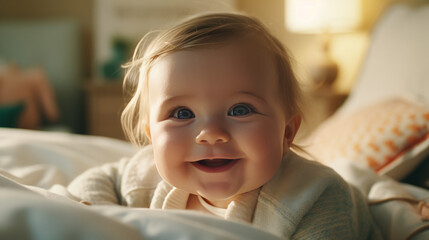 A baby smiling on the bed