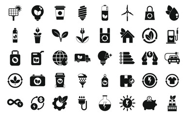 Environmentally friendly consumption icons set simple vector. Bio acumulator. Green energy