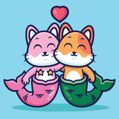 Obraz na płótnie Canvas Cute mermaid cat couple character vector cartoon illustration