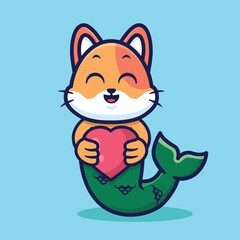 Cute mermaid cat holding a heart cartoon vector illustration