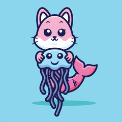Cute mermaid cat holding a jellyfish cartoon vector illustration