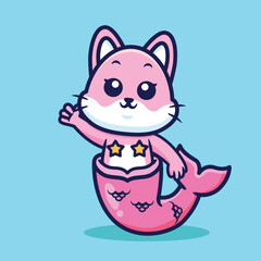Cute mermaid cat waving cartoon vector illustration