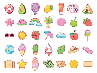 Set of cute cartoon summer icons. Travel icons set. - 613965755