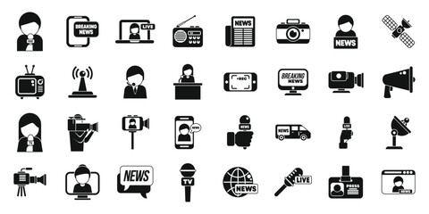 TV reporter icons set simple vector. Studio tv. Camera crew