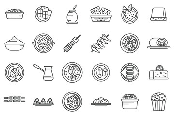 Brazilian culinary icons set outline vector. Rice plate. Meat fried