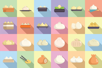 Baozi icons set flat vector. Asia cooking. Cuisine manju