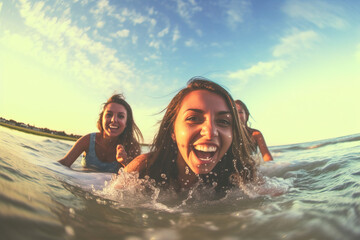 Three very happy friends swimming at the beach.