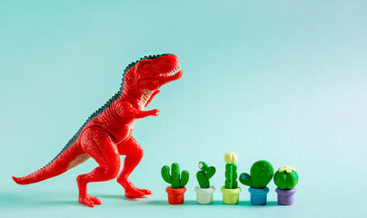 Cute greeting card with red dinosaur and cacti on blue background. Creative gardening concept