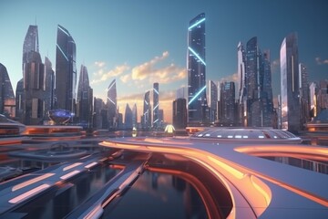 Fototapeta na wymiar A futuristic cityscape with advanced transportation technology, such as flying cars or hoverboards, Generative AI