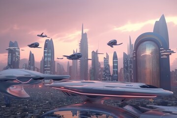 Naklejka na ściany i meble A futuristic cityscape with advanced transportation technology, such as flying cars or hoverboards, Generative AI