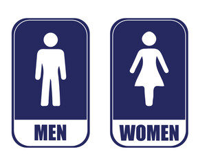 Blue and White Rectangular Restroom Sign. Male and Female with white cue dolls with blue text.