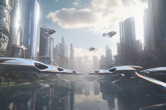 A futuristic cityscape with advanced transportation technology, such as flying cars or hoverboards, Generative AI