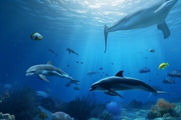 Obraz na płótnie Canvas A detailed illustration of a group of marine animals, such as whales or dolphins, in a serene and peaceful underwater environment, Generative AI