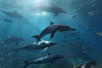 Obraz na płótnie Canvas A detailed illustration of a group of marine animals, such as whales or dolphins, in a serene and peaceful underwater environment, Generative AI
