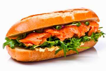 salmon Submarine sandwich on a white background