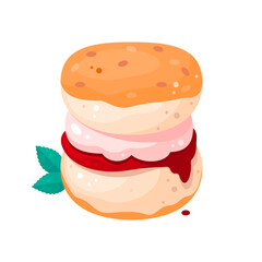 Scone for British afternoon tea. Classic scone with jam and clotted cream. Fresh-baked scone, with strawberry jam and whipped cream. English Scone