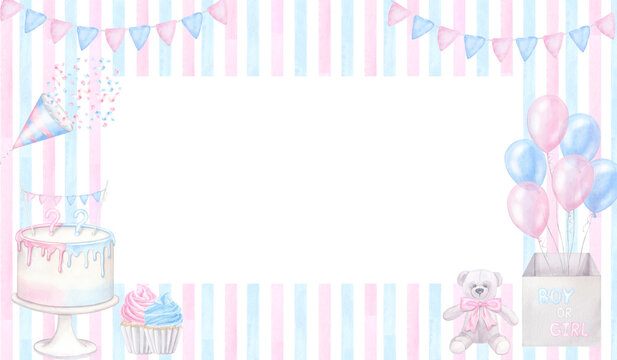 Pink blue banner gender reveal party invitation. Boy girl. Balloons box, cake, cupcake, confetti. Hand drawn watercolor illustration isolated on white background. Baby shower, children's holiday