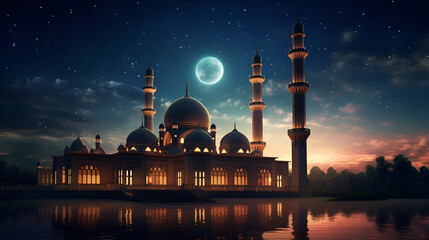 Beautiful Islamic Arabic Style Mosque Night View 