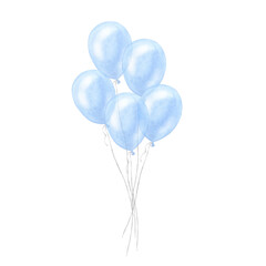 Blue balloons bundle, boy kids birthday surprise. Hand drawn watercolor illustration isolated on white background. For gender reveal party, baby shower, children's design, newborn products