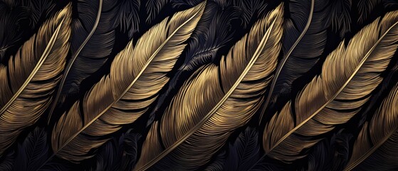 A refined and opulent pattern of gilded feathers on a dark background, evoking a sense of elegance and exclusivity for your marketing materials. Generative AI. 