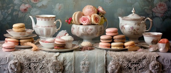 An exquisite arrangement of luxury tea set, porcelain cups, and macarons on a lace doily, capturing the charm and sophistication of afternoon tea. Generative AI.  - obrazy, fototapety, plakaty