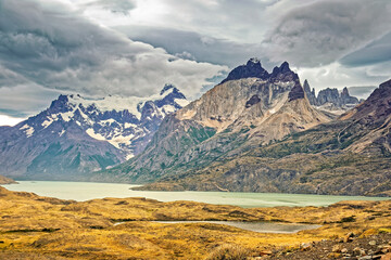 Chile Sarmiento Lake – postcard views of mountain peaks.