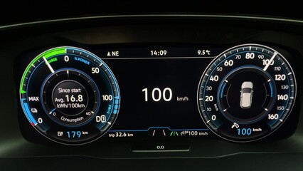 Electric car speedometer reaching speed extremely fast driving. Acceleration electric vehicle...