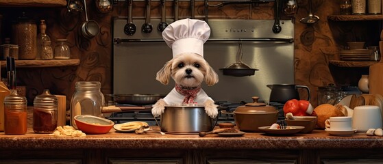Fototapeta na wymiar A comical image of a dog wearing a chef's hat and apron, pretending to cook in a miniature kitchen. Generative AI. 