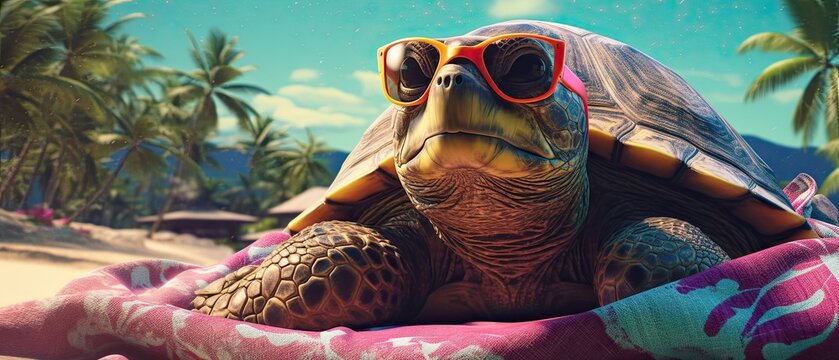 A photorealistic image of a turtle wearing sunglasses and a Hawaiian shirt, basking in the sun on a beach towel. Generative AI. 