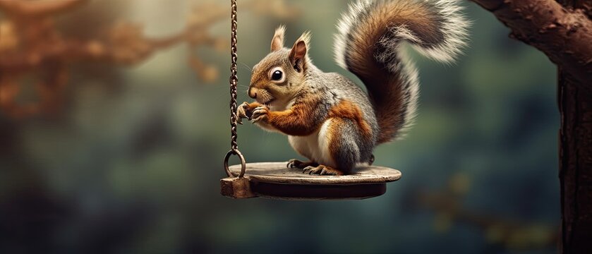 A playful image of a squirrel hilariously trying to balance on a bird feeder, causing it to swing back and forth. Generative AI. 
