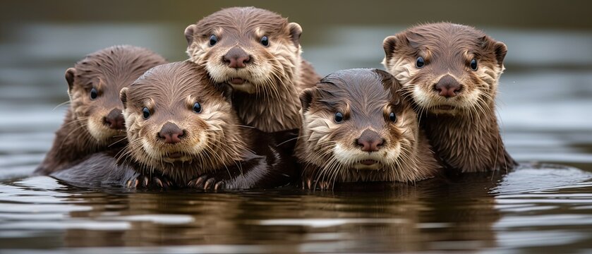 A playful image of a group of otters holding hands while floating on their backs, showcasing their camaraderie. Generative AI. 