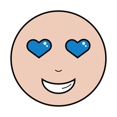 Happy cheerful emoji with blue heart eyes and a smiley face. Cartoon character in love. Vector icon