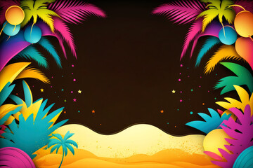Fototapeta na wymiar Dark summer background with palms, colorful beach party flyer or poster template. Generative AI