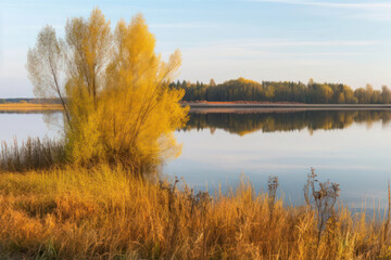 A serene lake reflecting the vibrant autumn colors of the surrounding trees, showcasing the beauty of the fall season