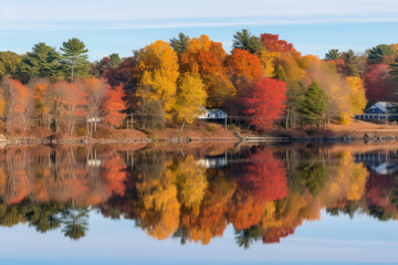 A serene lake reflecting the vibrant autumn colors of the surrounding trees, showcasing the beauty of the fall season