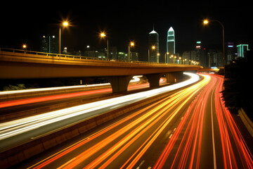 A captivating night shot of a city skyline with illuminated skyscrapers and vibrant streaks of light from passing cars, capturing the energy of urban life