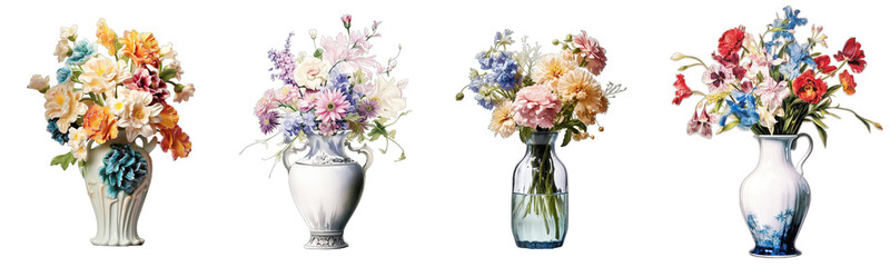 Collection of colorful flower bouquets in a vase isolated on a transparent background, generative ai