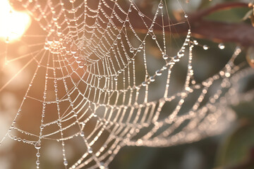 A close-up shot of a dew-covered spider web glistening in the soft morning light, capturing the intricate details and delicate beauty of nature's architecture