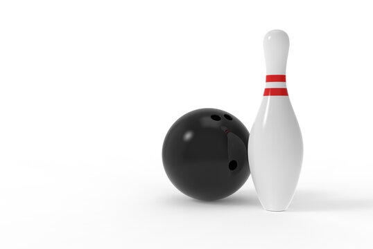 Bowling pin with black ball on white background