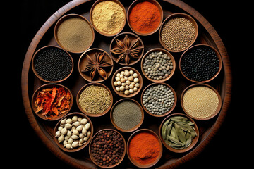 An artistic composition of colorful spices arranged in a rustic wooden bowl, evoking the sensory delights of culinary exploration and exotic flavors