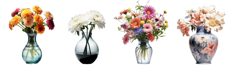Collection of colorful flower bouquets in a vase isolated on a transparent background, generative ai